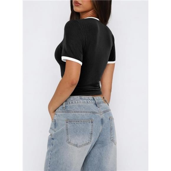 Short Sleeve T Shirts Ribbed Knit Square Neck Color Block Slim Fitted For Women - Picture 2 of 7